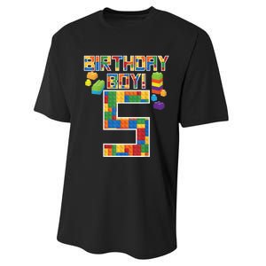 Cute 5th Birthday Gift 5 Years Old Block Building b.o.y.s K.i.d.s Performance Sprint T-Shirt