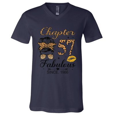 Chapter 57 Fabulous Since 1966 57th Birthday Messy Bun V-Neck T-Shirt