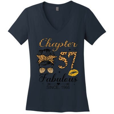 Chapter 57 Fabulous Since 1966 57th Birthday Messy Bun Women's V-Neck T-Shirt