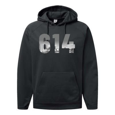 Columbus 614 Area Code Skyline Ohio Vintage Performance Fleece Hoodie