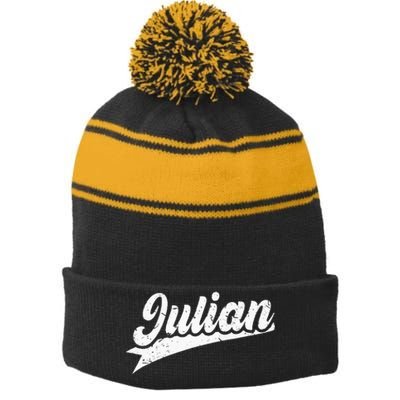 Classic 70s Retro Name Julian Stripe Pom Pom Beanie