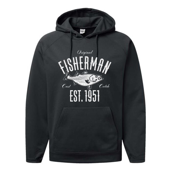 Cute 72 Year Old Fisherman Love Fishing 1951 72nd Birthday Performance Fleece Hoodie