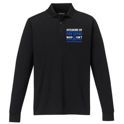 Child Abuse Awareness Month Blue Ribbon Domestic Violence Performance Long Sleeve Polo