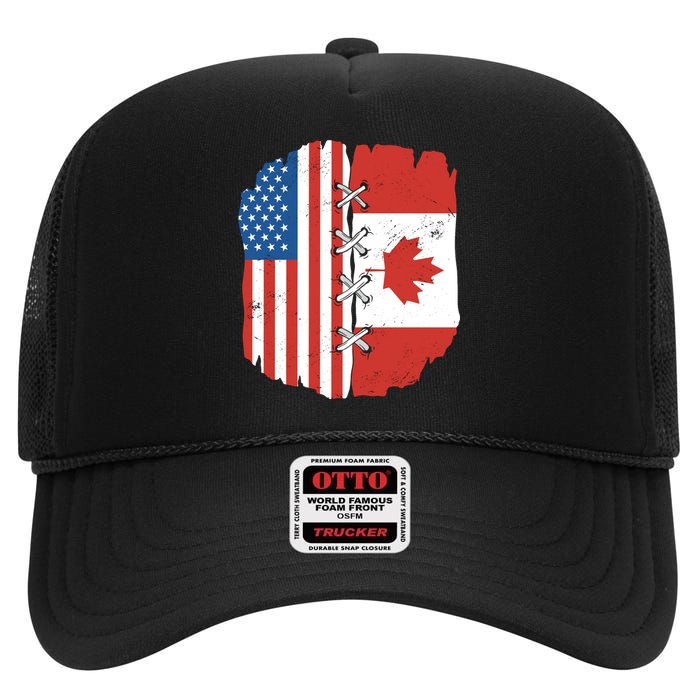 Canadian And American Vintage Flag High Crown Mesh Back Trucker Hat