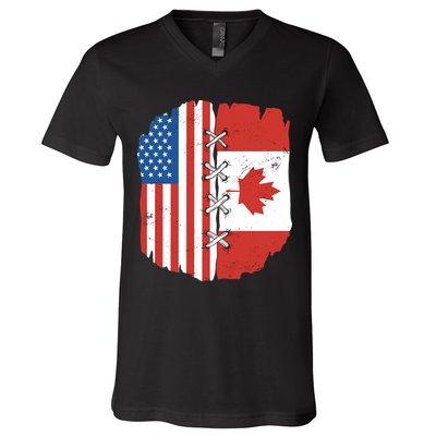 Canadian And American Vintage Flag V-Neck T-Shirt