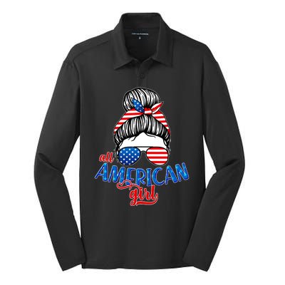 Cute All American Girl USA Flag Silk Touch Performance Long Sleeve Polo