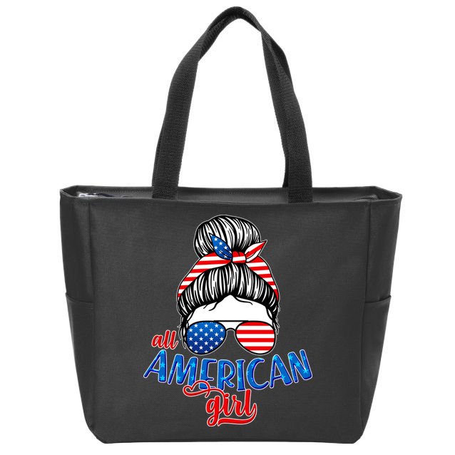 Cute All American Girl USA Flag Zip Tote Bag