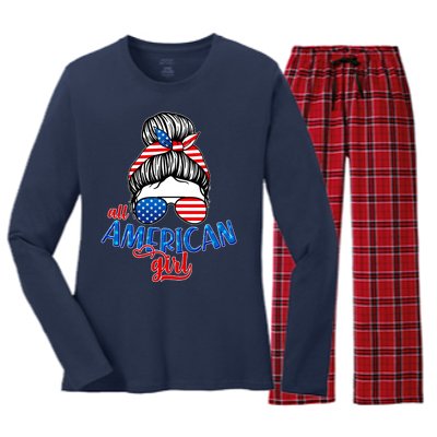 Cute All American Girl USA Flag Women's Long Sleeve Flannel Pajama Set 