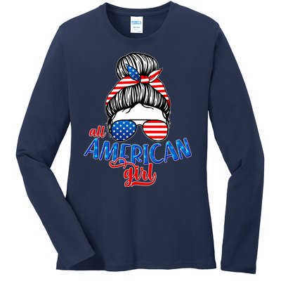 Cute All American Girl USA Flag Ladies Long Sleeve Shirt