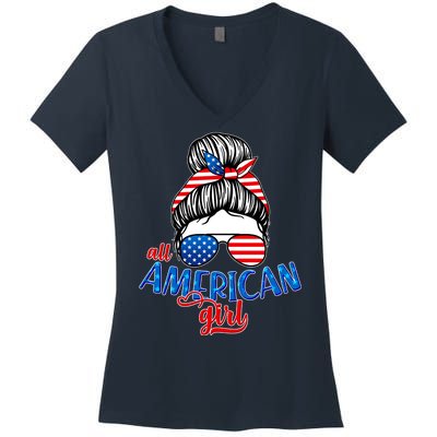 Cute All American Girl USA Flag Women's V-Neck T-Shirt