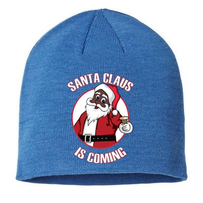 Christmas African American Santa Claus Is Coming Funny Gift Sustainable Beanie