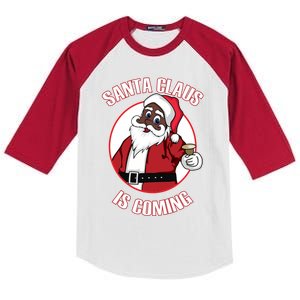 Christmas African American Santa Claus Is Coming Funny Gift Kids Colorblock Raglan Jersey