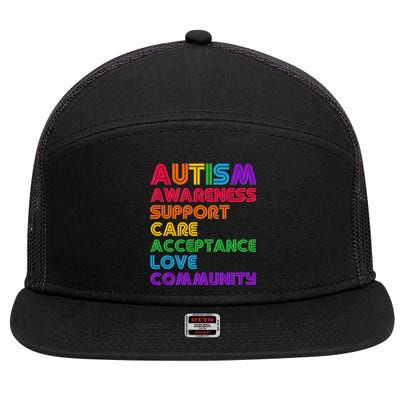 Colorful Autism Awareness Support Care Acceptance Love Community 7 Panel Mesh Trucker Snapback Hat