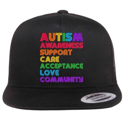Colorful Autism Awareness Support Care Acceptance Love Community Flatbill Hat