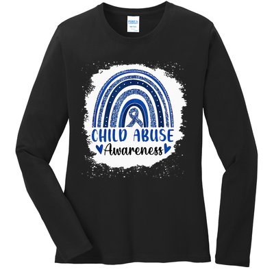 Child Abuse Awareness Rainbow Blue Ribbon Ladies Long Sleeve Shirt