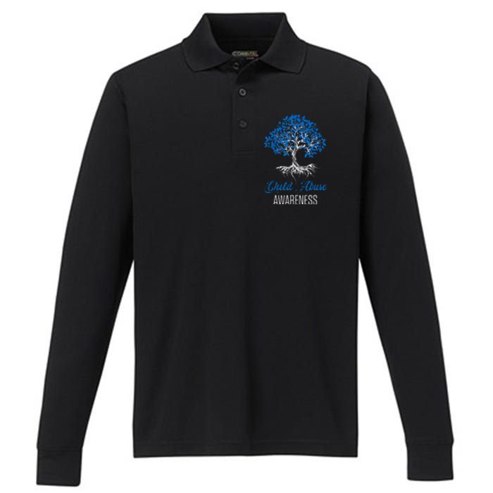 Child Abuse Awareness Tree Blue Ribbon April Child Welfare Performance Long Sleeve Polo