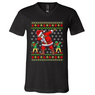 Christmas African American Black Dabbing Santa Claus Elf V-Neck T-Shirt