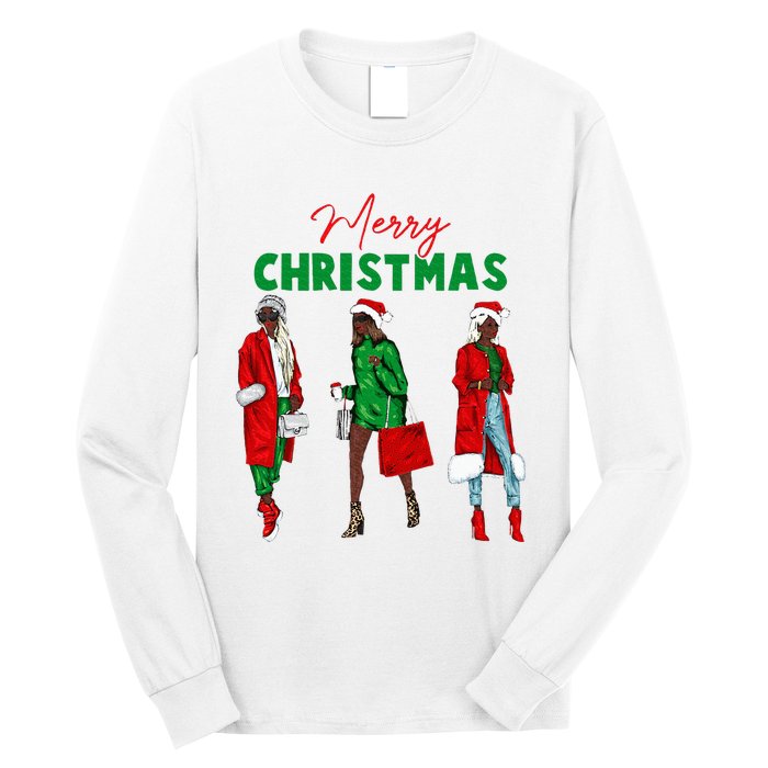 Christmas African American Wo Santa Hat Pajama Long Sleeve Shirt