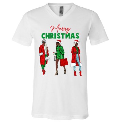 Christmas African American Wo Santa Hat Pajama V-Neck T-Shirt