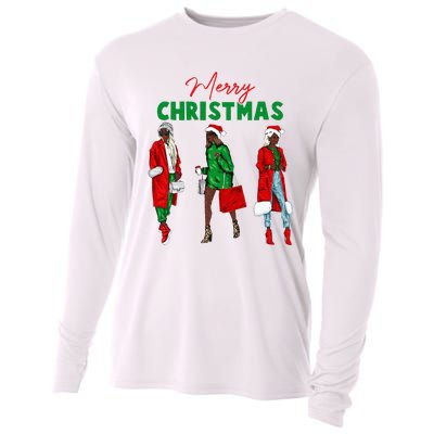 Christmas African American Wo Santa Hat Pajama Cooling Performance Long Sleeve Crew