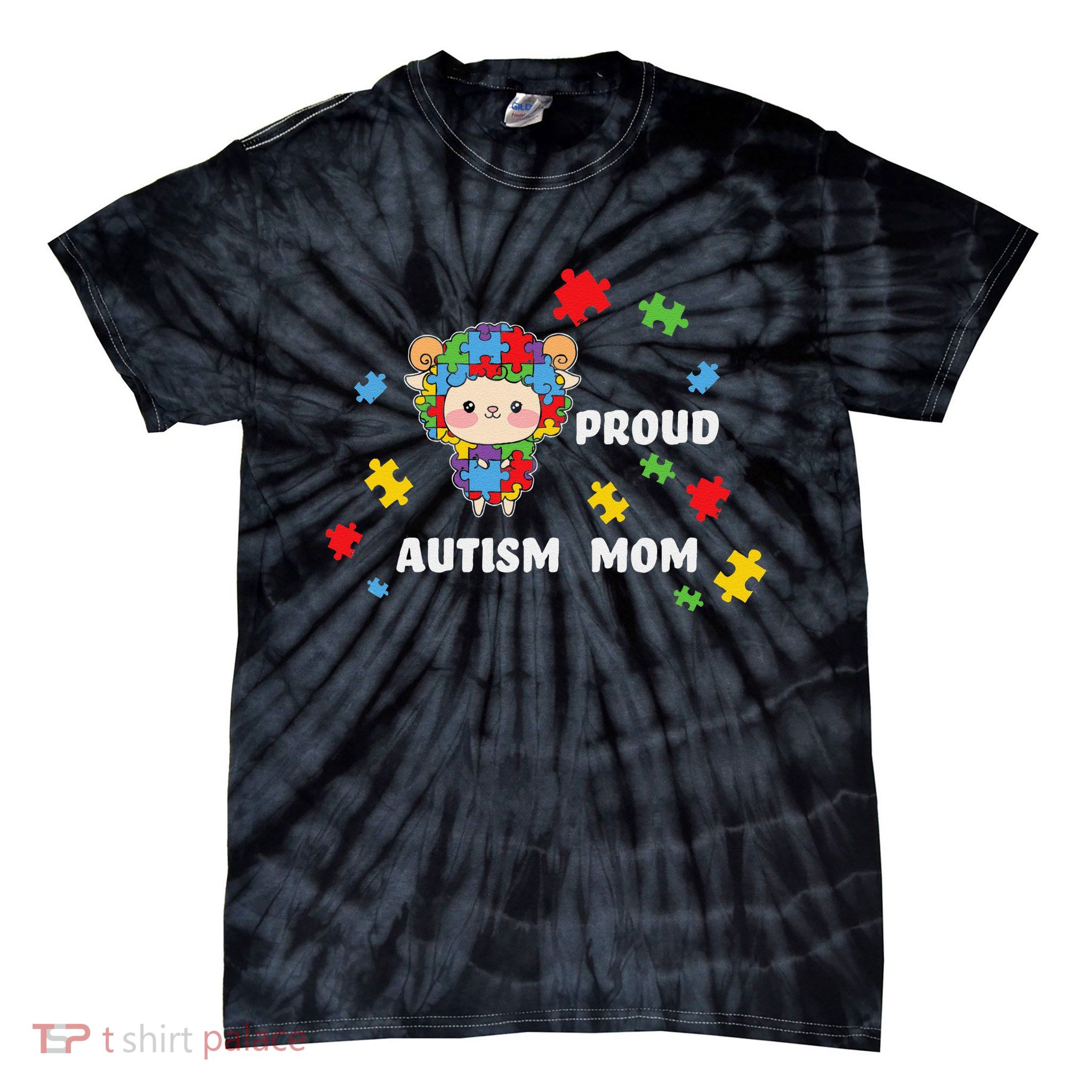 Cute Autism Awareness Women - Proud Autism Mom Lamb Puzzle Tie-Dye T-Shirt