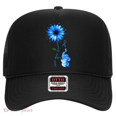 Child Abuse Awareness Sunflower Light Blue Ribbon Elephant High Crown Mesh Back Trucker Hat
