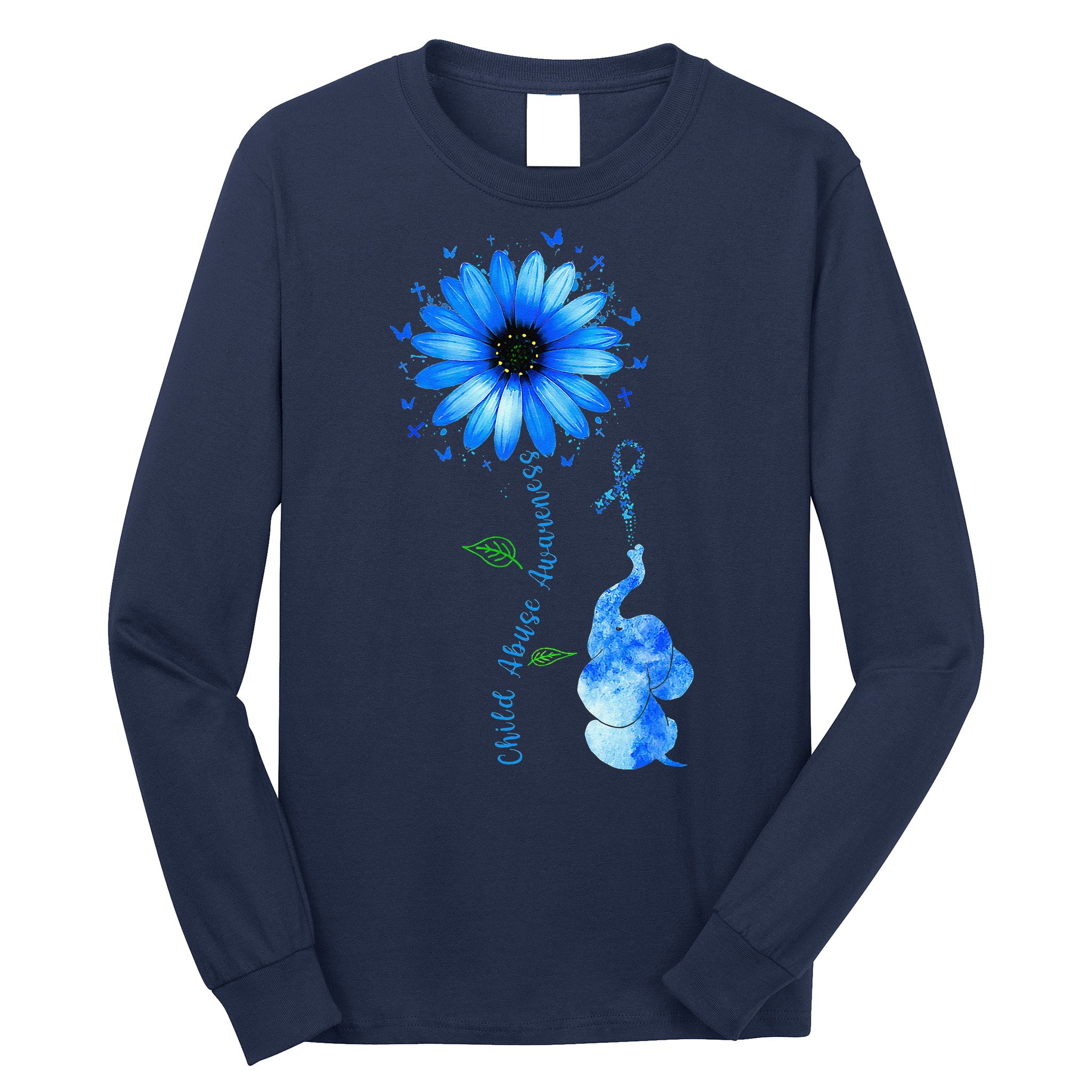 Child Abuse Awareness Sunflower Light Blue Ribbon Elephant Long Sleeve Shirt