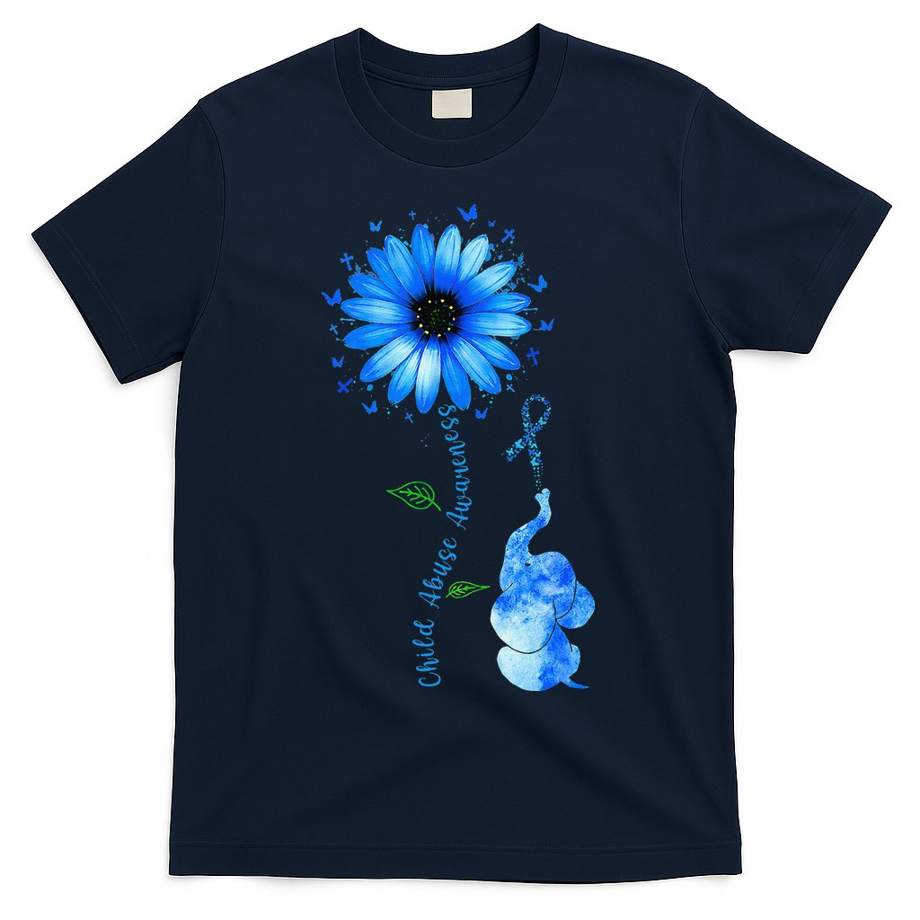 Child Abuse Awareness Sunflower Light Blue Ribbon Elephant T-Shirt