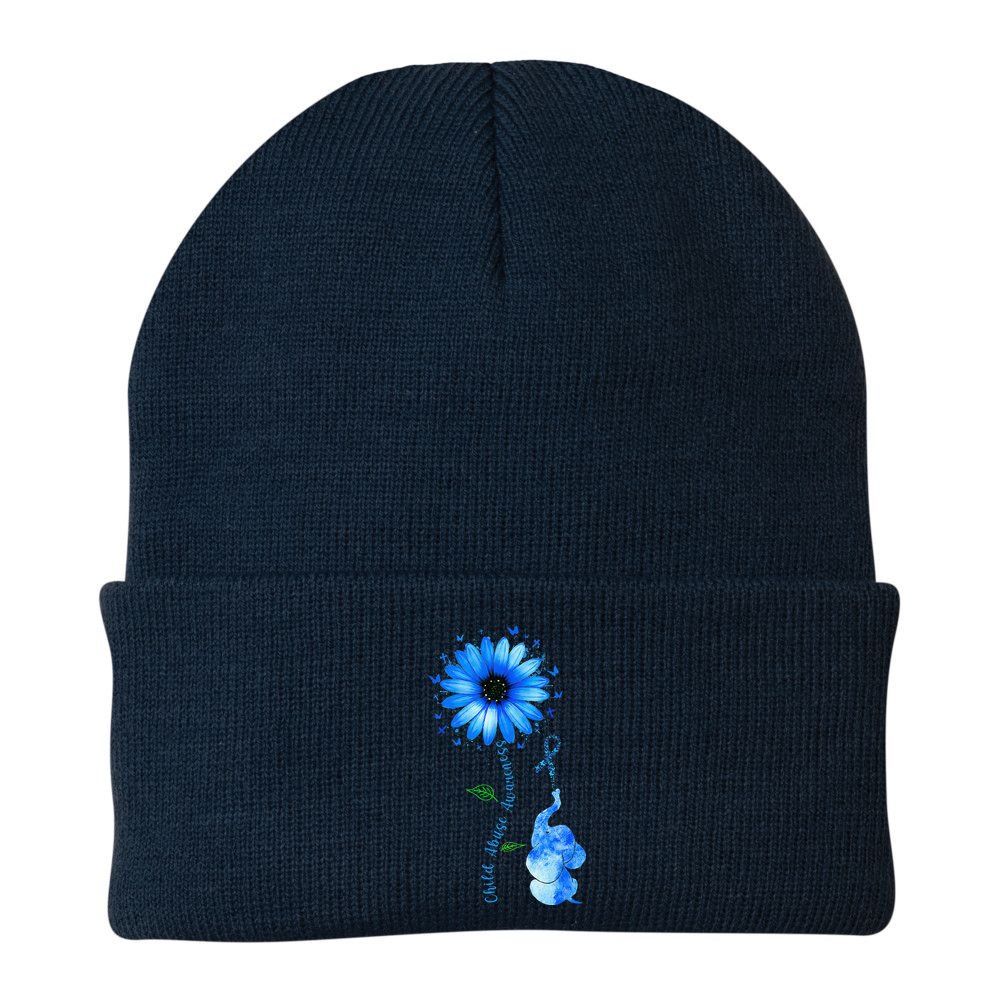 Child Abuse Awareness Sunflower Light Blue Ribbon Elephant Beanie