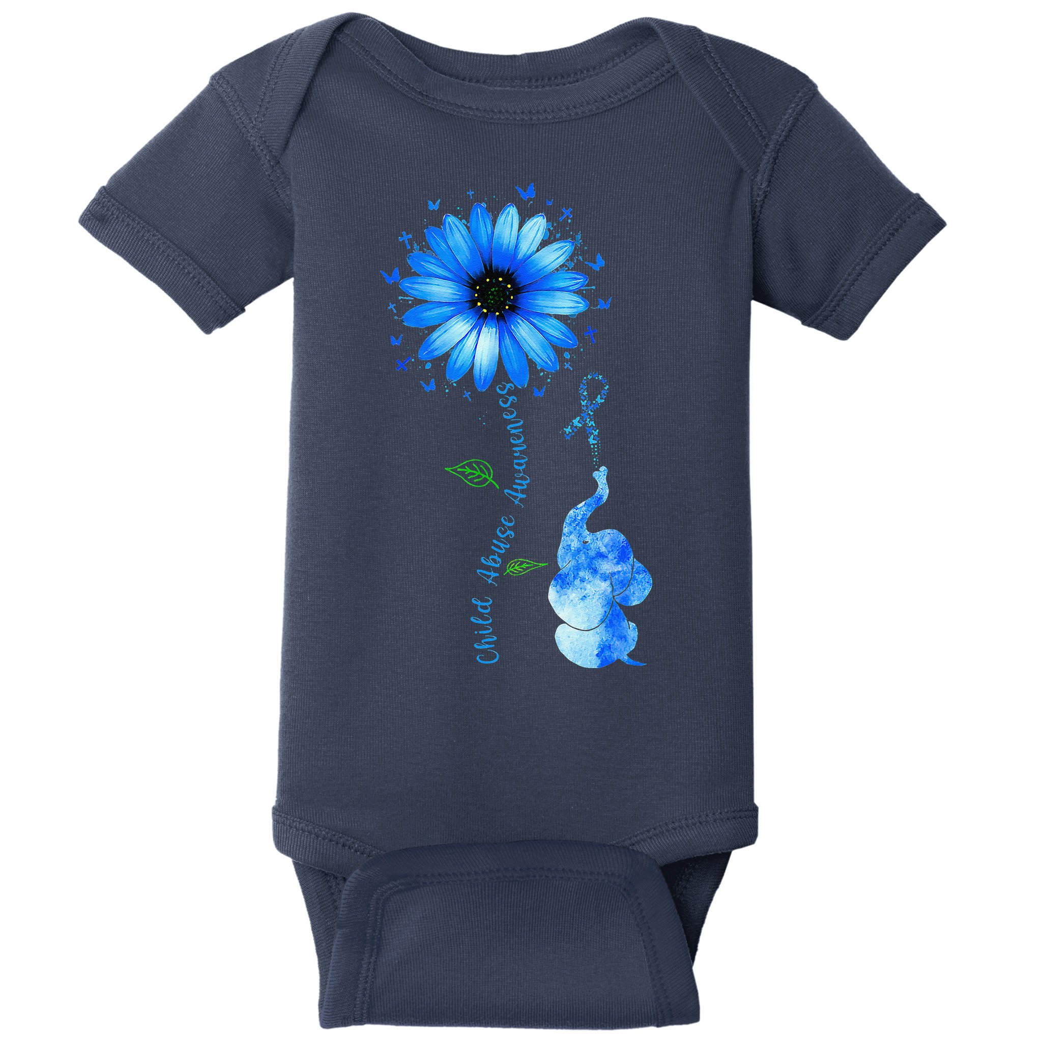 Child Abuse Awareness Sunflower Light Blue Ribbon Elephant Baby Bodysuit