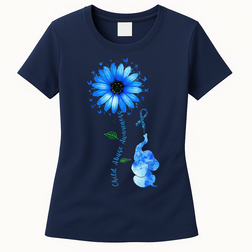 Child Abuse Awareness Sunflower Light Blue Ribbon Elephant Womens T-Shirt