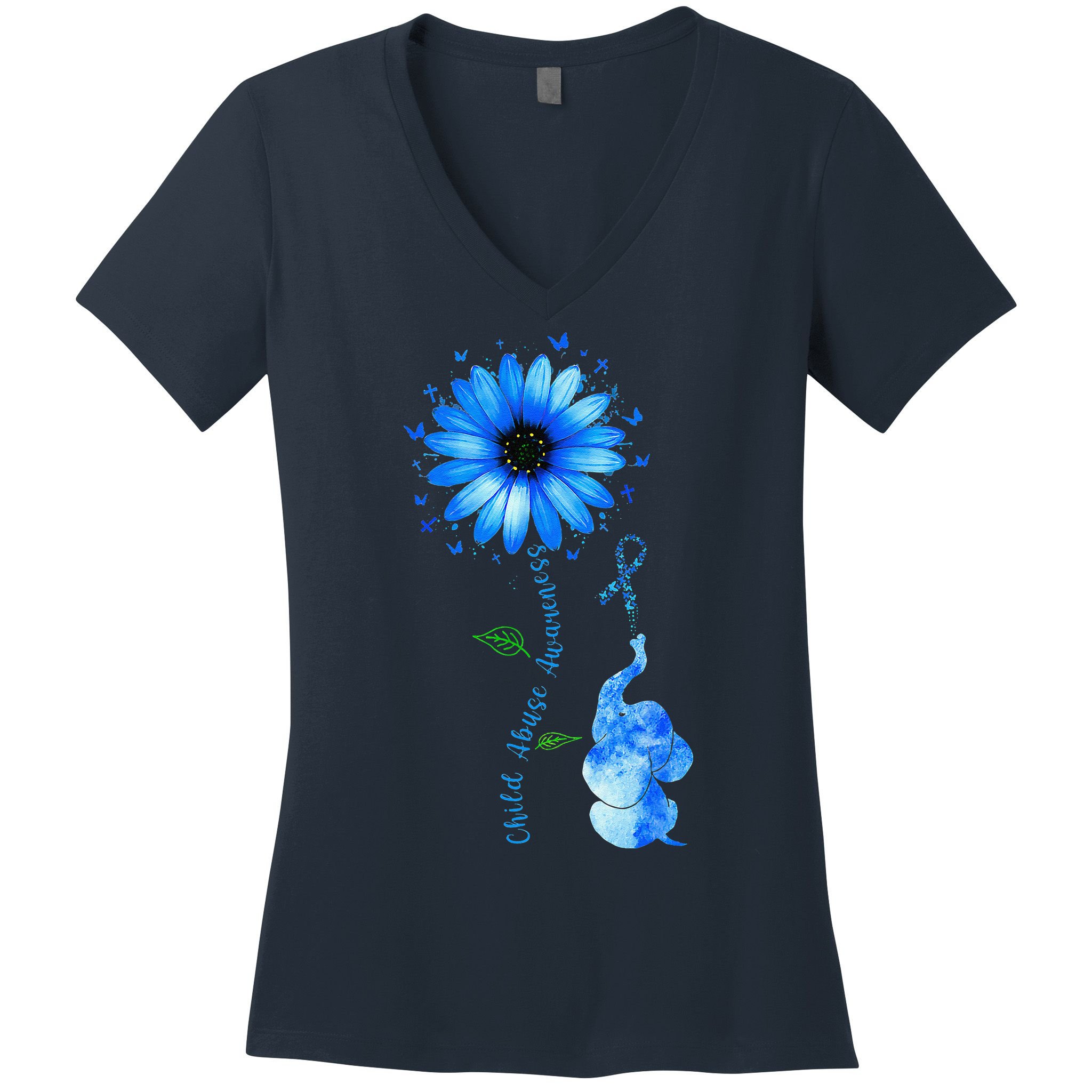 Child Abuse Awareness Sunflower Light Blue Ribbon Elephant Women's V-Neck T-Shirt