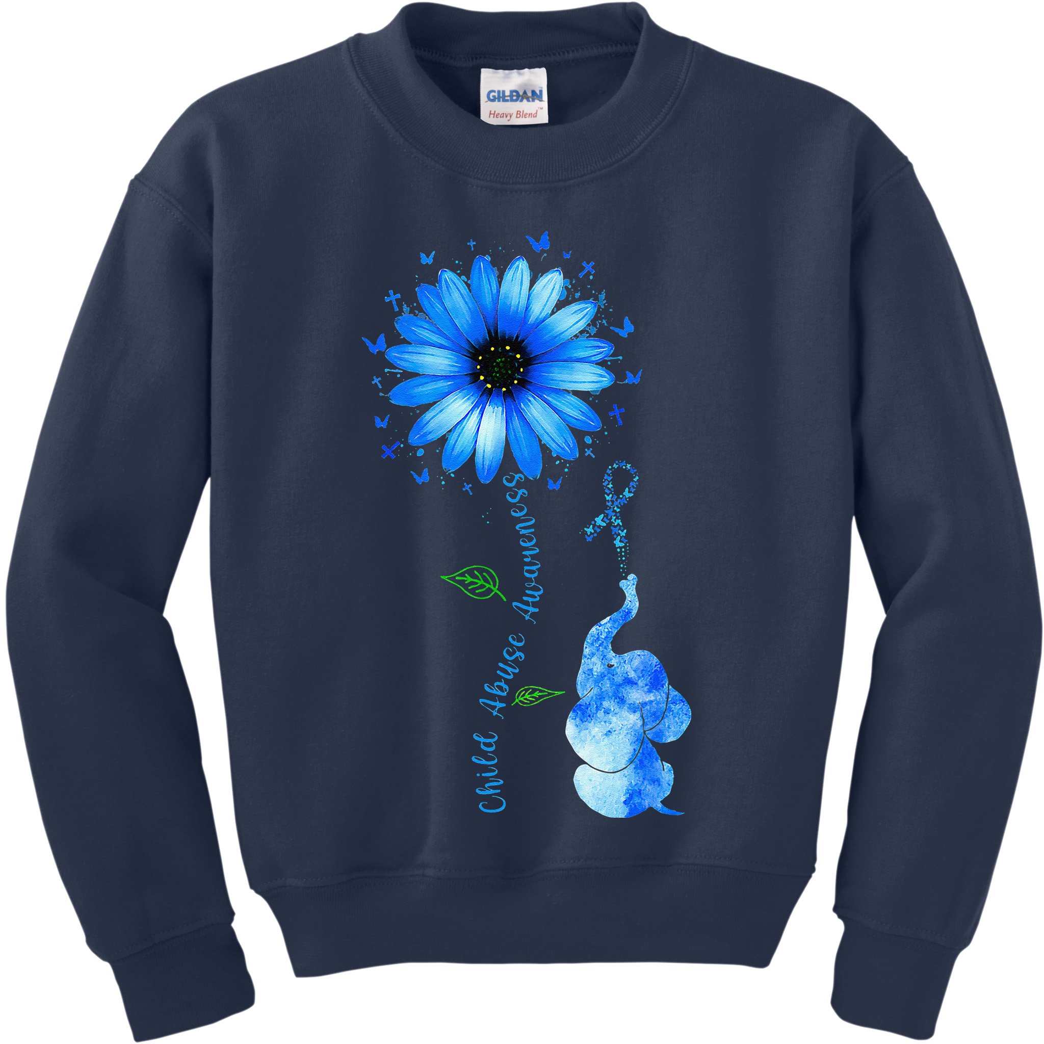 Child Abuse Awareness Sunflower Light Blue Ribbon Elephant Kids Sweatshirt