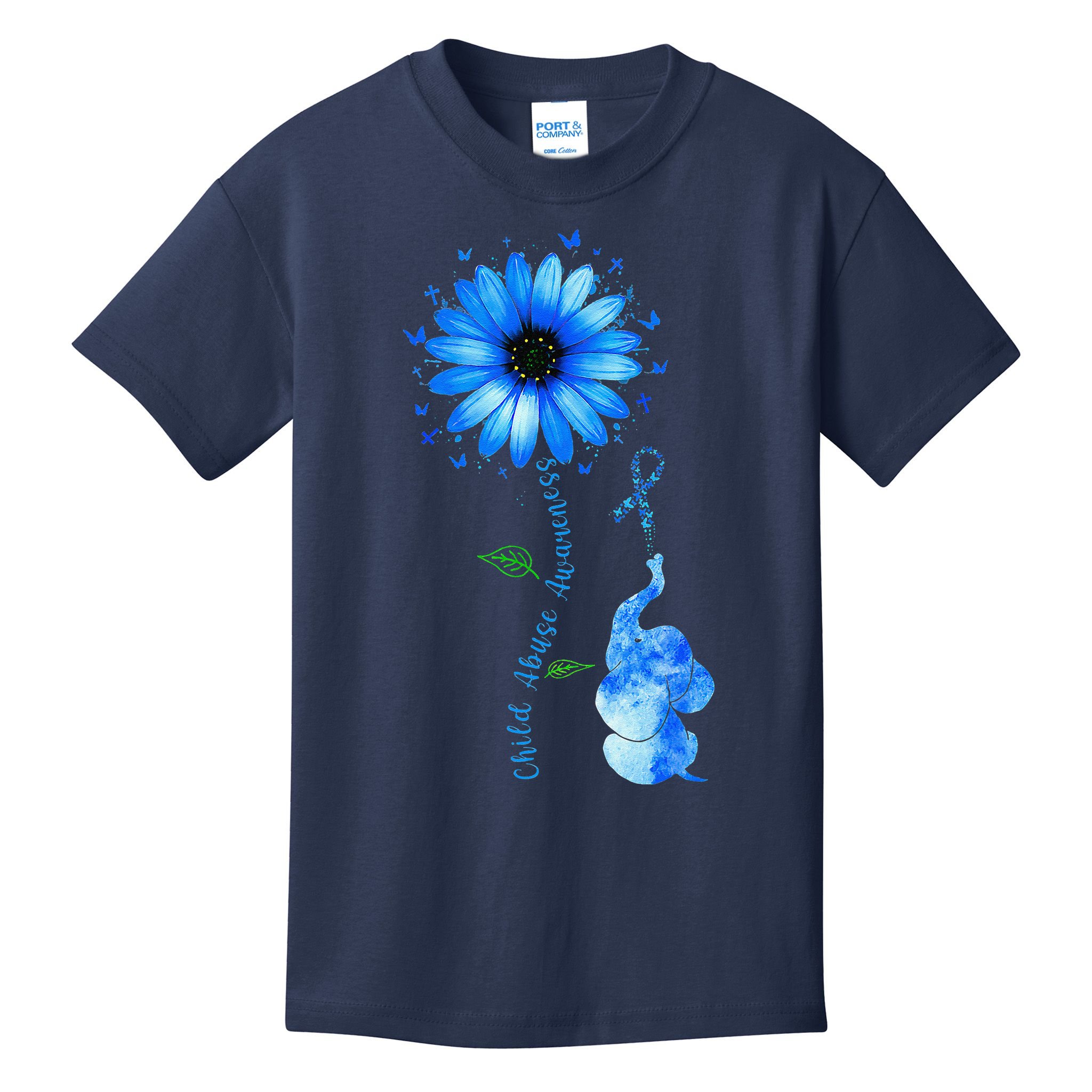Child Abuse Awareness Sunflower Light Blue Ribbon Elephant Kids T-Shirt