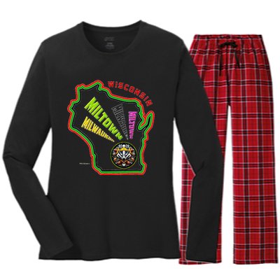 Classic African American Multicolor Wisconsin Milwaukee Map Women's Long Sleeve Flannel Pajama Set 