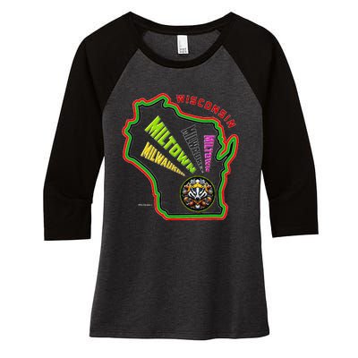 Classic African American Multicolor Wisconsin Milwaukee Map Women's Tri-Blend 3/4-Sleeve Raglan Shirt