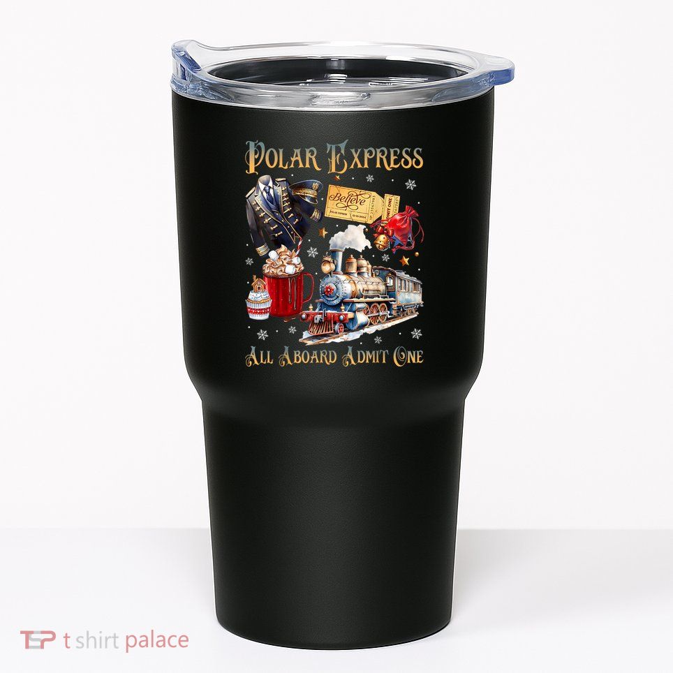 Christmas All Aboard Polar .Express North Pole Xmas Santa Gift Tumbler