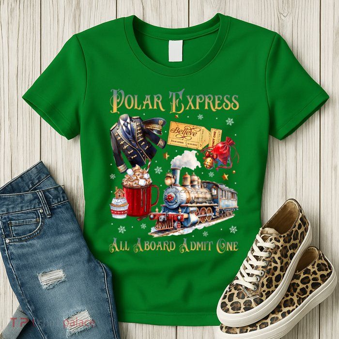 Christmas All Aboard Polar .Express North Pole Xmas Santa Gift Womens T-Shirt