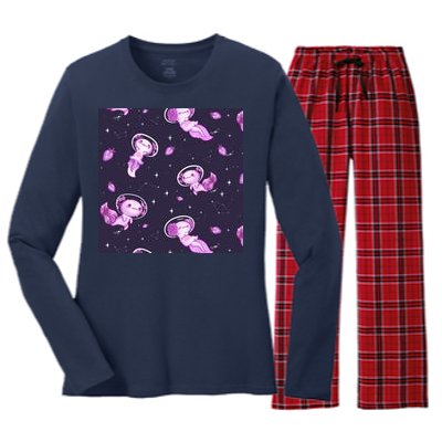 Cute Astronaut Axolotl Space Women's Long Sleeve Flannel Pajama Set 