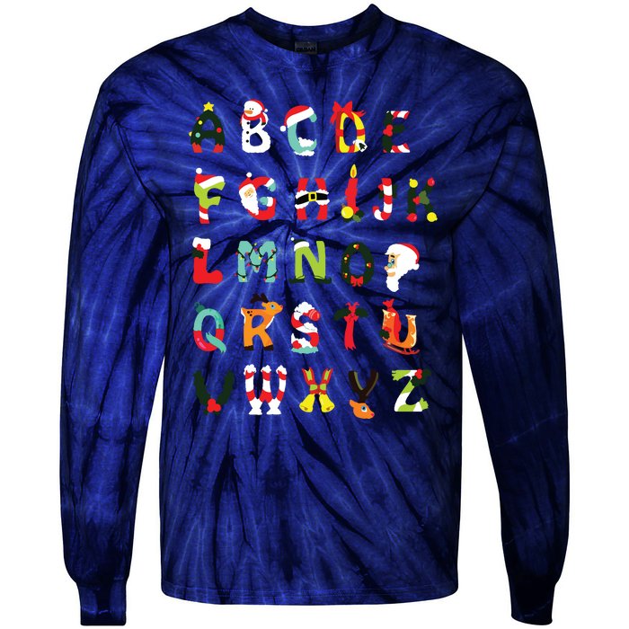 Christmas Alphabet Abc Cute Xmas Prek Teacher Women Tie-Dye Long Sleeve Shirt