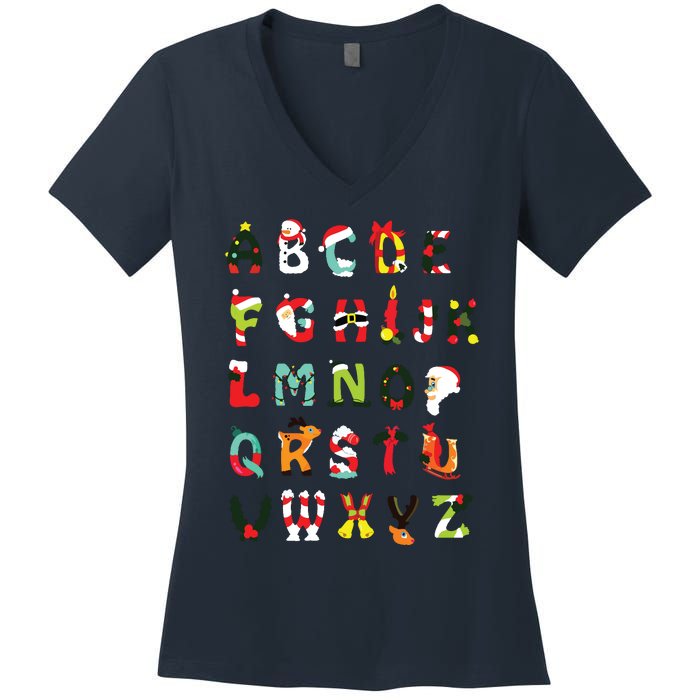 Christmas Alphabet Abc Cute Xmas Prek Teacher Women Women's V-Neck T-Shirt