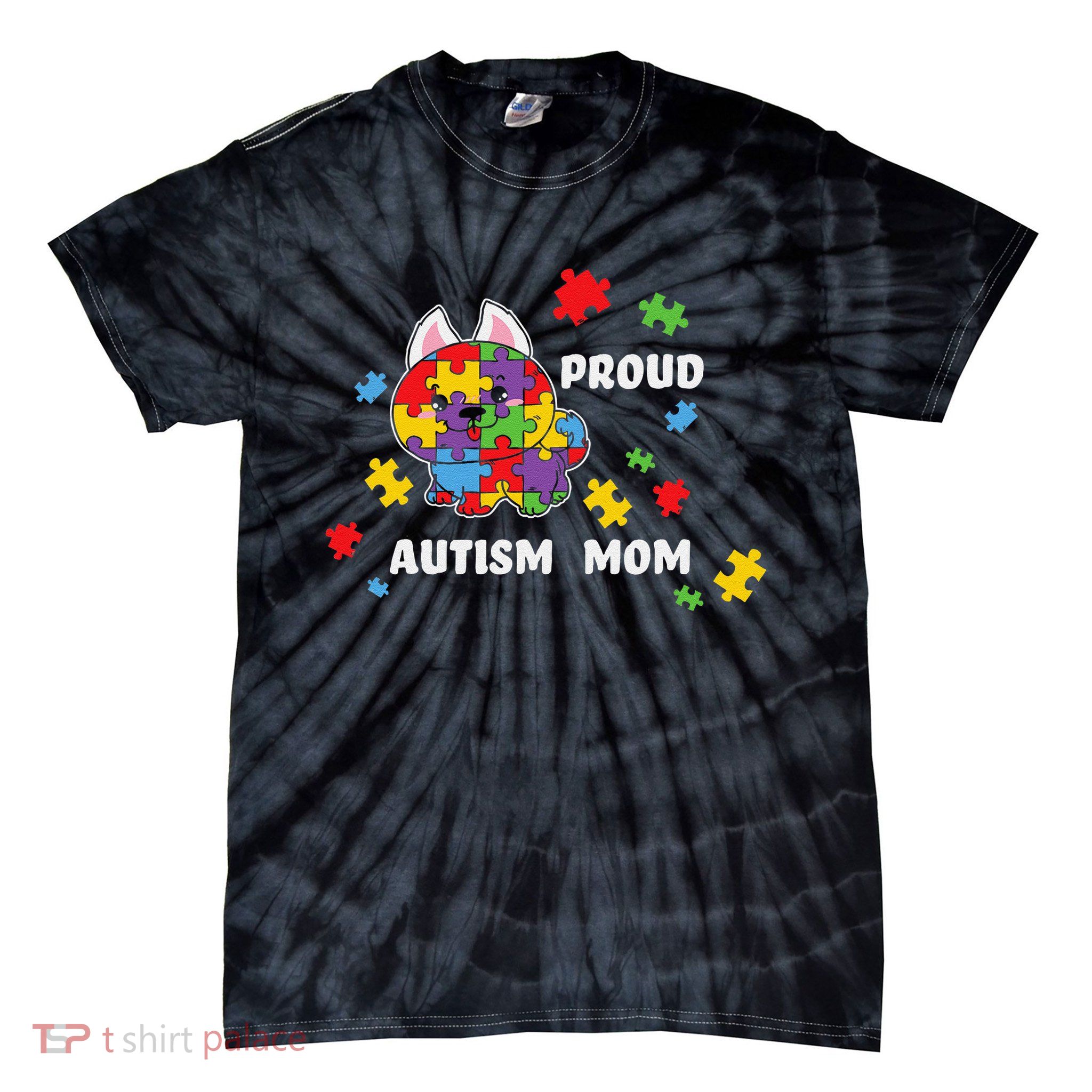 Cute Autism Awareness Women - Proud Autism Mom Dog Puzzle Tie-Dye T-Shirt