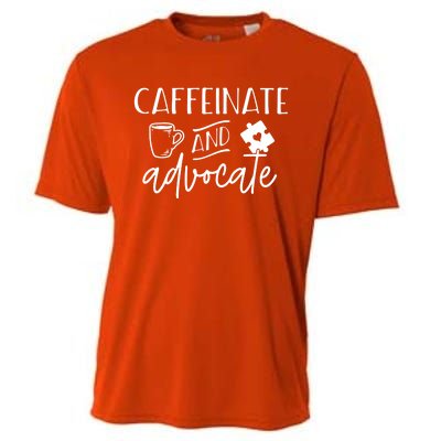 Caffeinate And Advocate Autism Special Ed Teacher Meme Gift Cooling Performance Crew T-Shirt