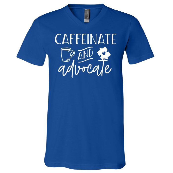 Caffeinate And Advocate Autism Special Ed Teacher Meme Gift V-Neck T-Shirt