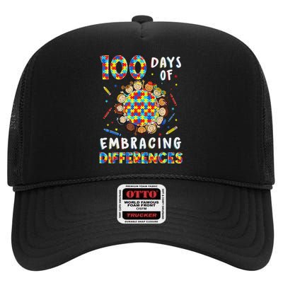 Cute Autism Awareness Embrace Differences 100 Days School High Crown Mesh Back Trucker Hat