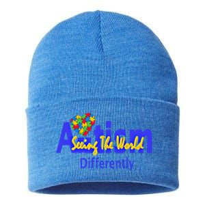 Cool Autism Awareness Autism Seeing The World Differently Gift Sustainable Knit Beanie