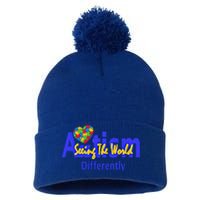 Cool Autism Awareness Autism Seeing The World Differently Gift Pom Pom 12in Knit Beanie