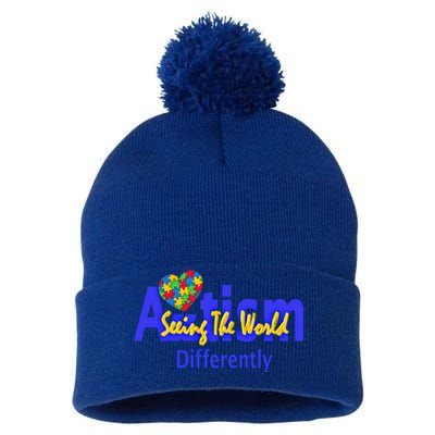 Cool Autism Awareness Autism Seeing The World Differently Gift Pom Pom 12in Knit Beanie