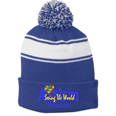 Cool Autism Awareness Autism Seeing The World Differently Gift Stripe Pom Pom Beanie