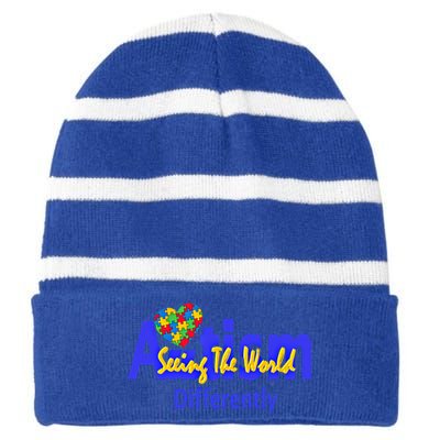 Cool Autism Awareness Autism Seeing The World Differently Gift Striped Beanie with Solid Band